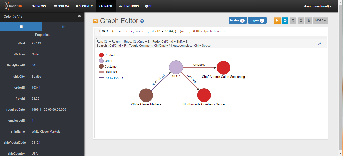 Studio: Graph Editor (MATCH query on the northwind database)