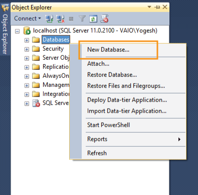 New Database in Object Explorer