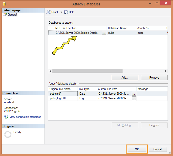 Attaches Databases Window Contains Pubs mdf File Location