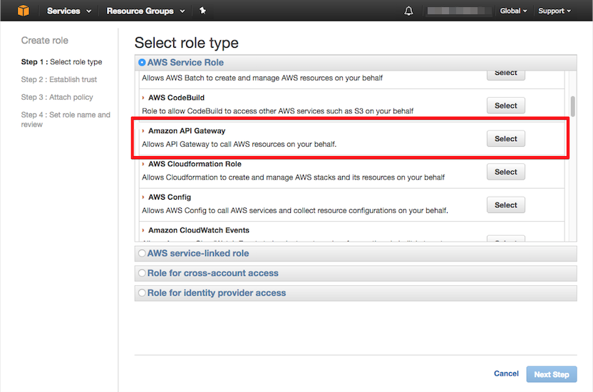 selecting amazon api gateway role 