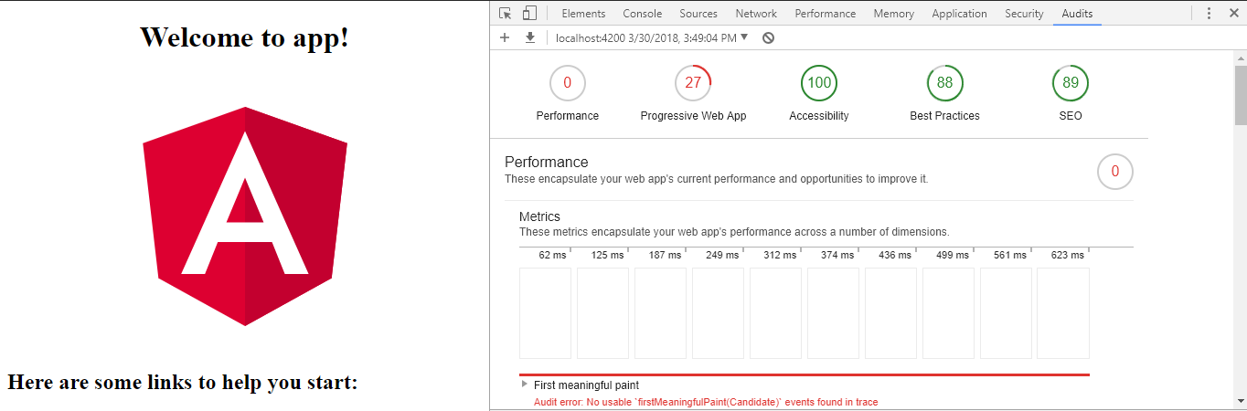 Step 1 Angular5 app lighthouse score